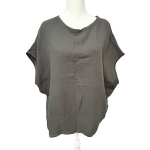 Grade & Gather M Gauze Top Raw Edge Short Sleeve Relaxed Fit women's Gray NWT